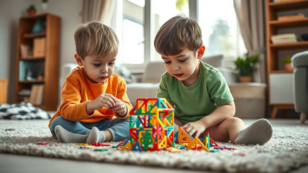 دو کودک با تمرکز در حال بازی با اسباببازیهای ساختنی (اسباب بازی های خلاقانه) هستند