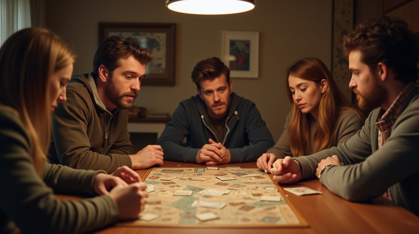 گروهی از دوستان در حال بازی یک بازی پرونده‌ای دور یک میز، با چهره‌های متفکر و در محیطی گرم و صمیمی