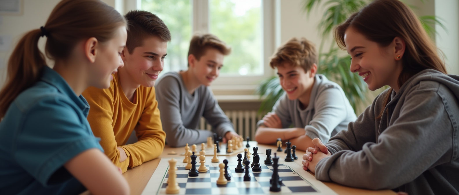 نوجوانانی که در حال بازی شطرنج در محیطی دوستانه و روشن هستند
