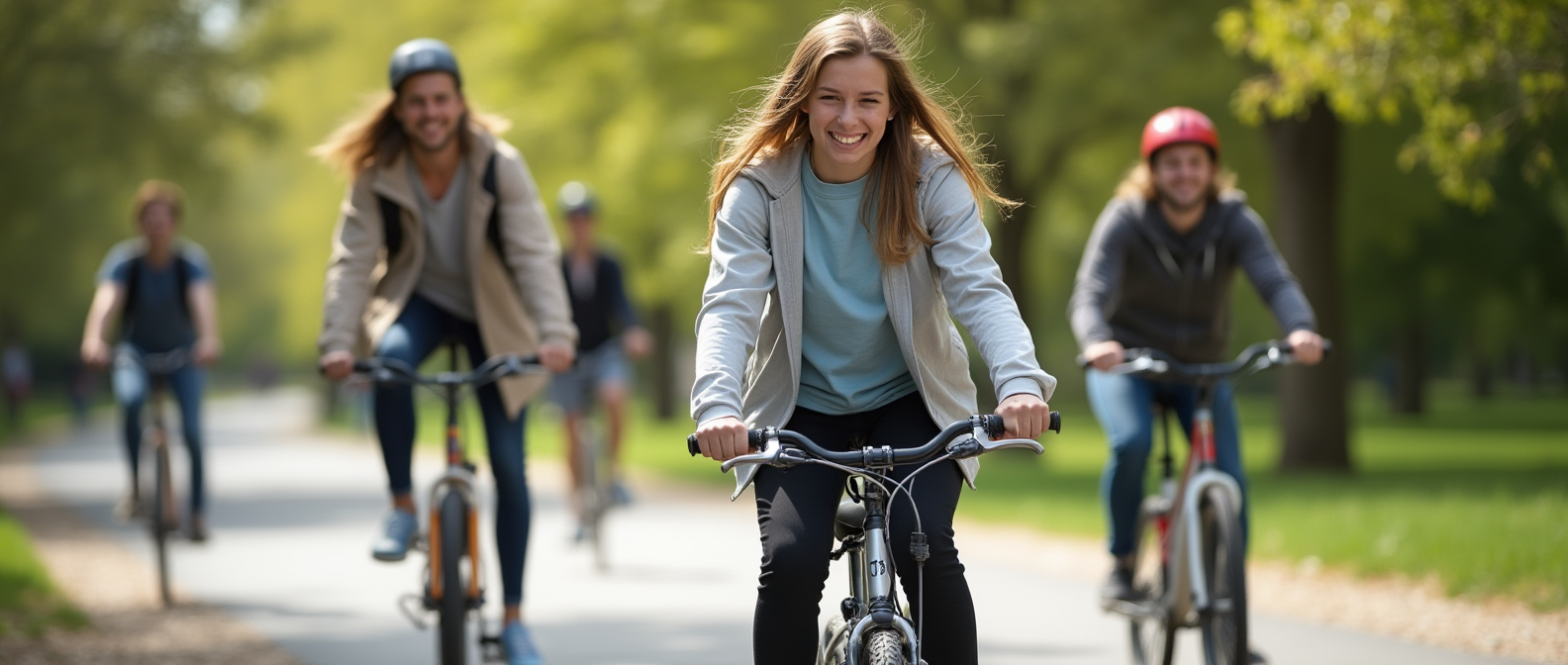 نوجوانانی که در پارک با دوچرخه و اسکیت‌برد فعالیت می‌کنند.