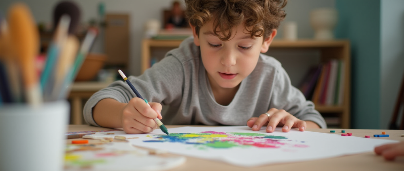 نوجوانی در حال نقاشی در محیطی خلاقانه با لوازم هنری