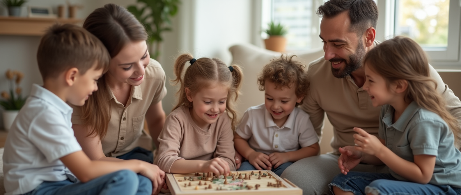 خانواده‌ای در حال بازی یک اسباب‌بازی گروهی با لبخند و شادی