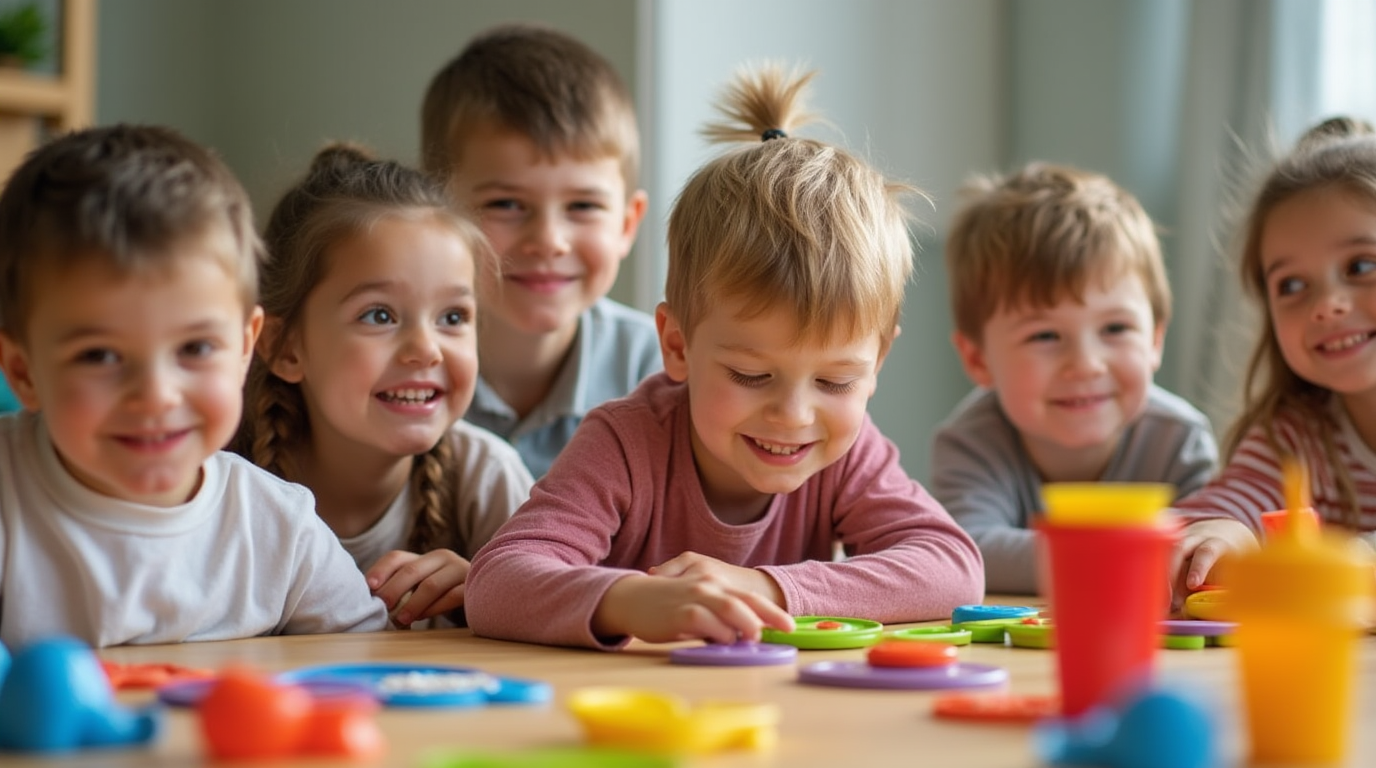 کودکانی خندان در حال بازی با اسباب‌بازی‌های گروهی در محیطی شاد و رنگارنگ